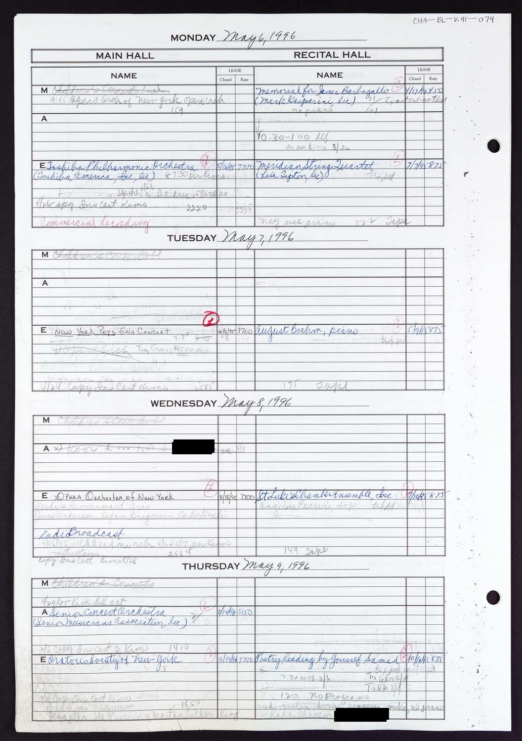 Carnegie Hall Booking Ledger, volume 41, page 74