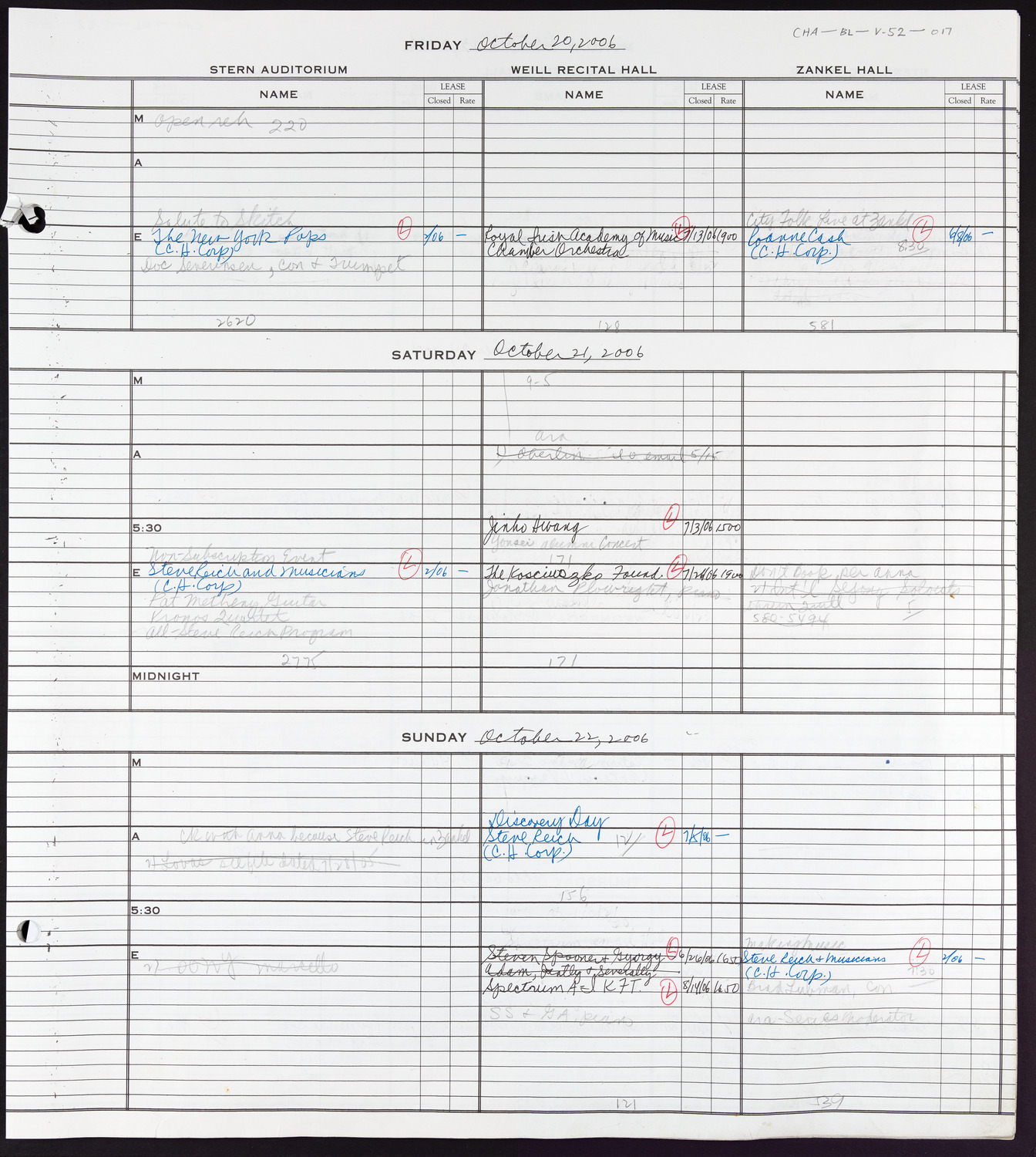 Carnegie Hall Booking Ledger, volume 52, page 17