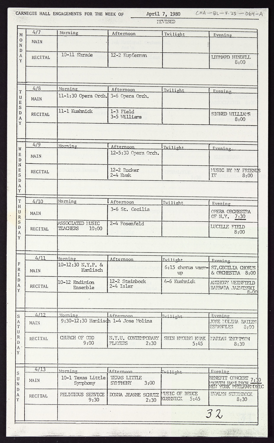 Carnegie Hall Booking Ledger, volume 25, page 64a