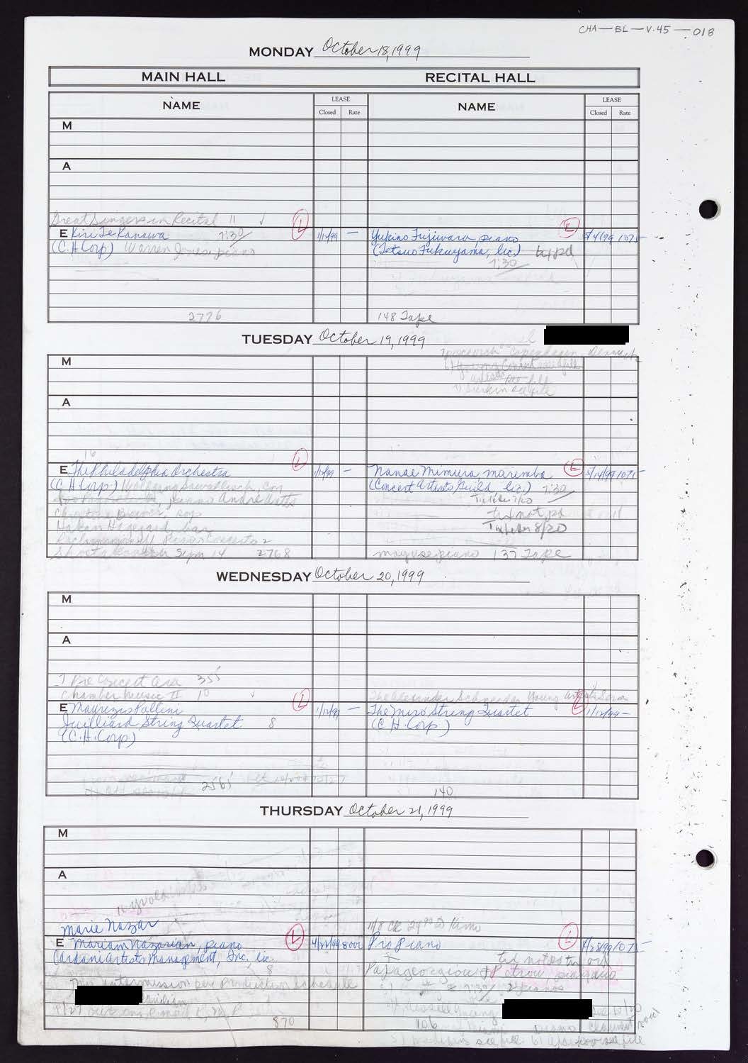 Carnegie Hall Booking Ledger, volume 45, page 18