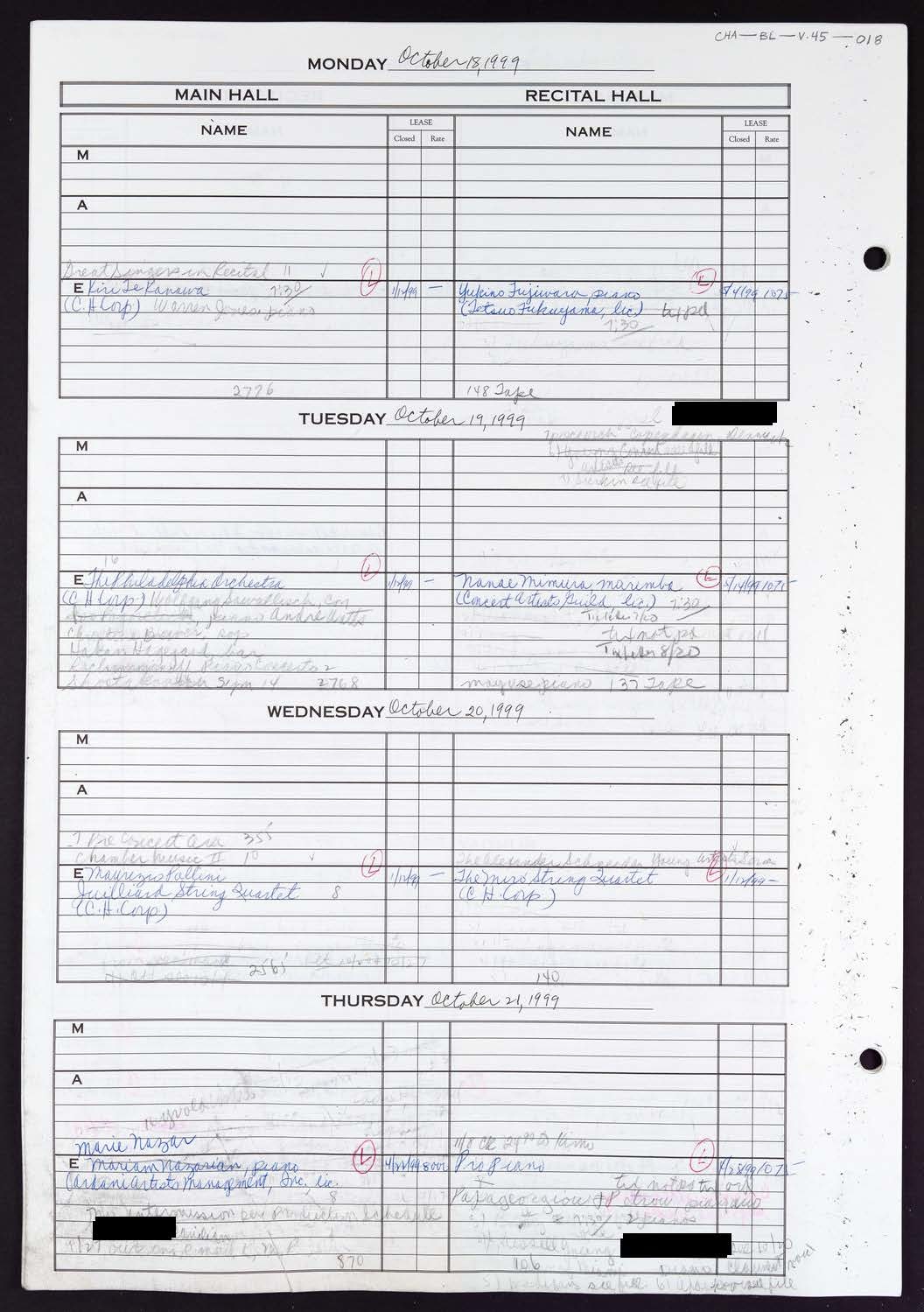 Carnegie Hall Booking Ledger, volume 45, page 18