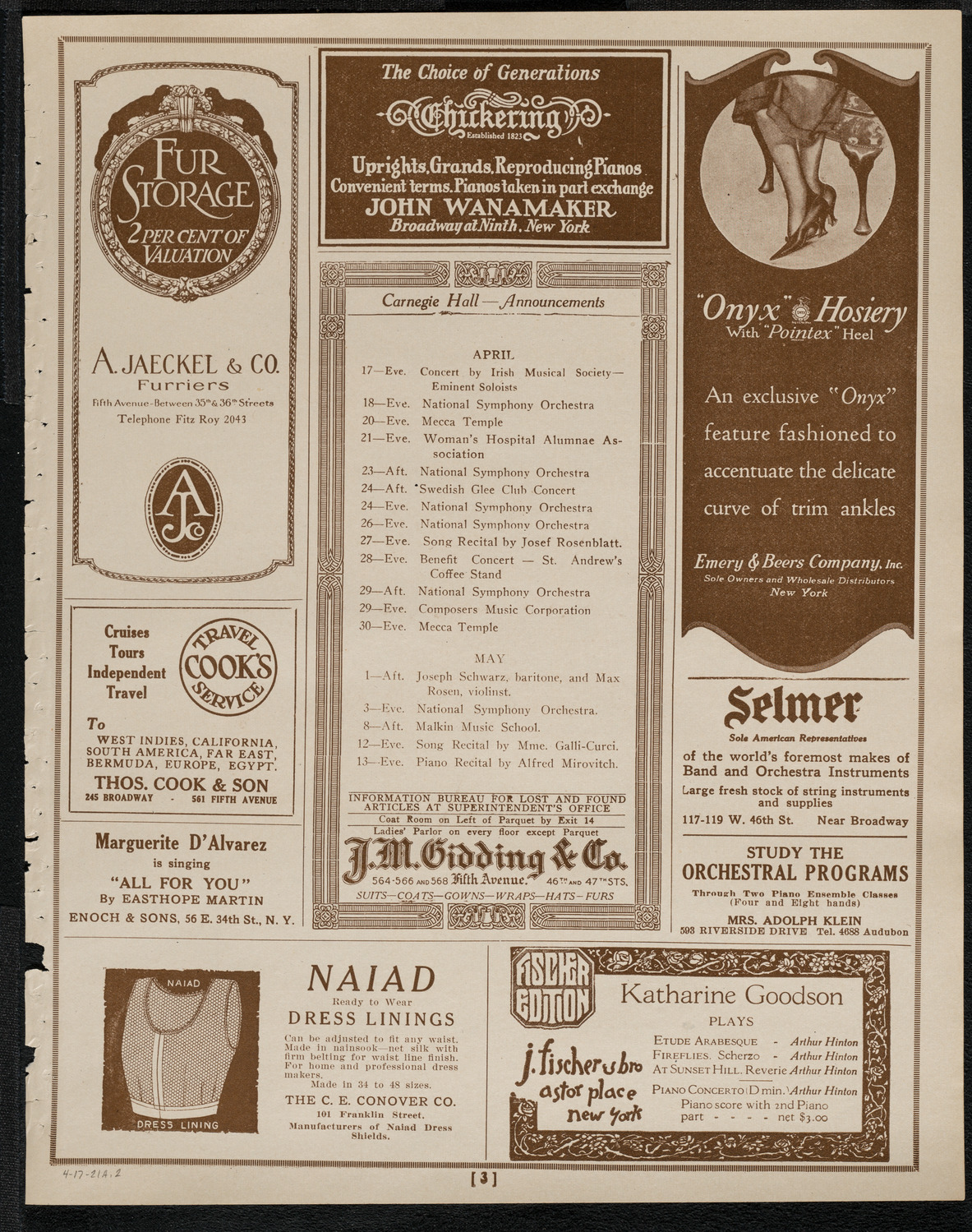 Ossip Gabrilowitsch, Piano, April 17, 1921, program page 3