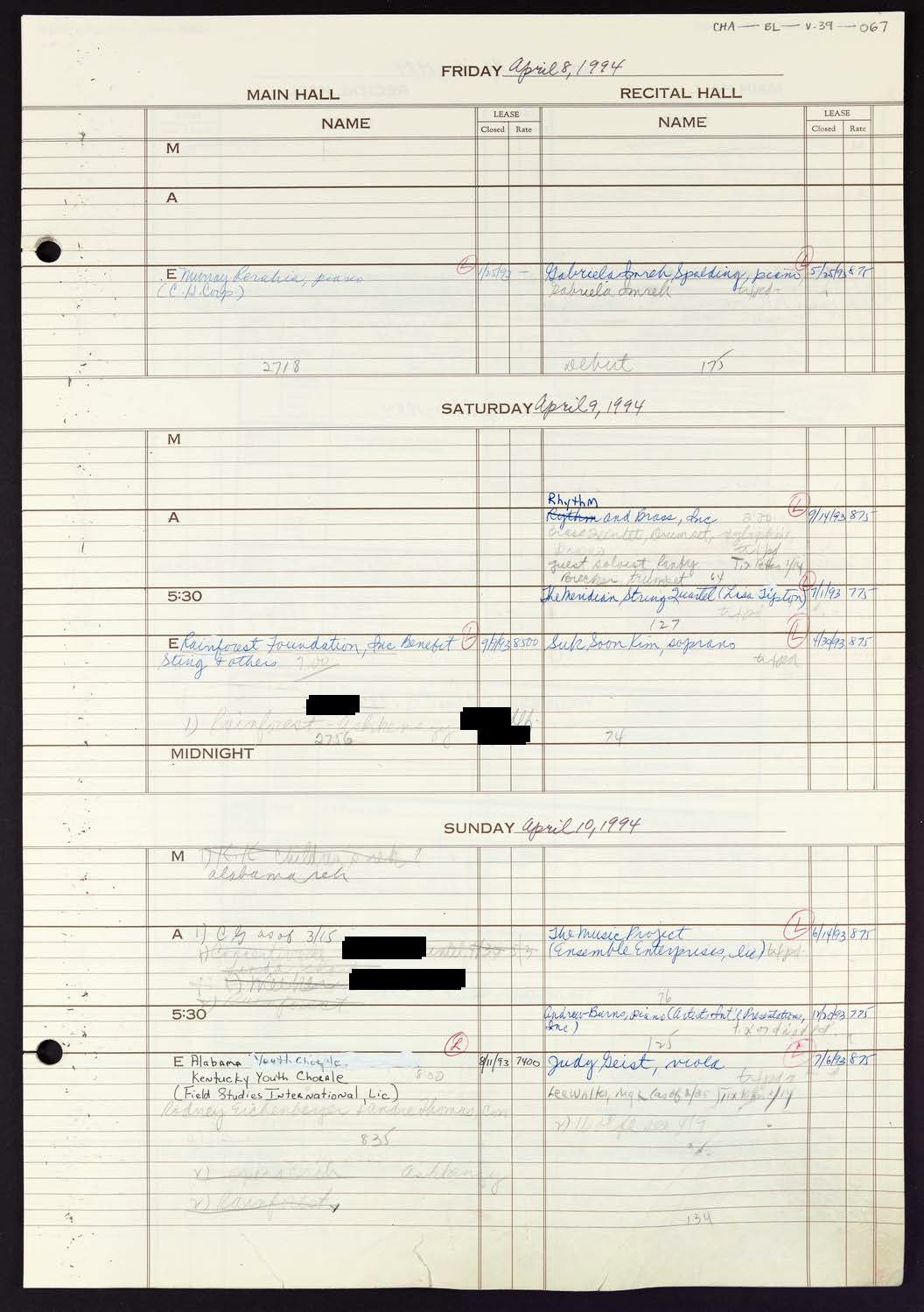 Carnegie Hall Booking Ledger, volume 39, page 67