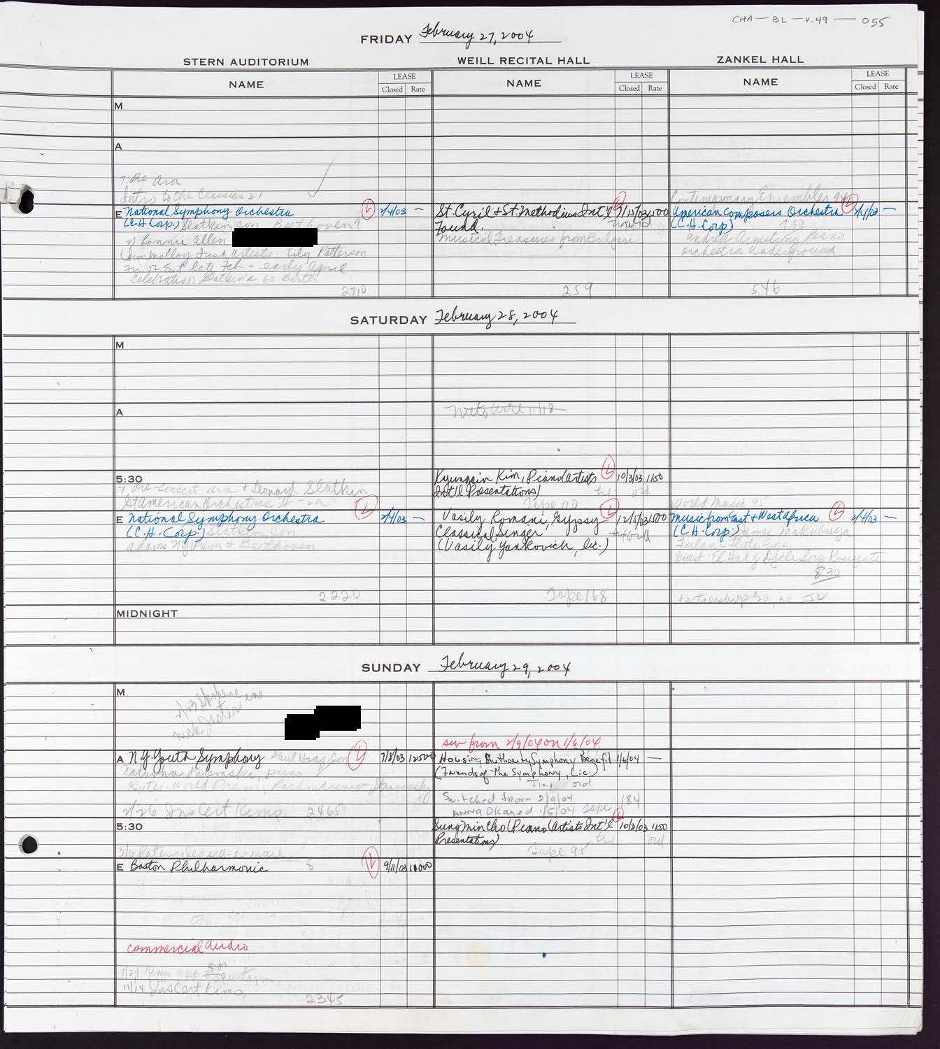 Carnegie Hall Booking Ledger, volume 49, page 55