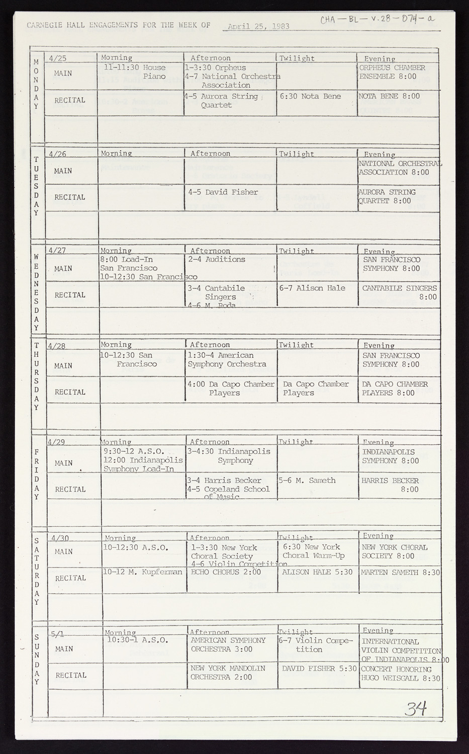 Carnegie Hall Booking Ledger, volume 28, page 74a