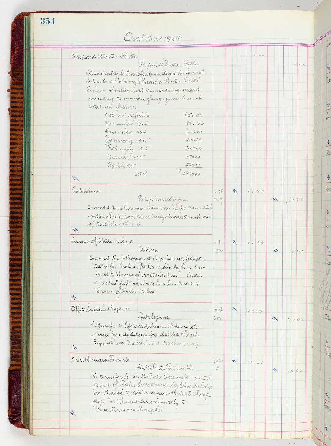 Music Hall Accounting Ledger, volume 5, page 354