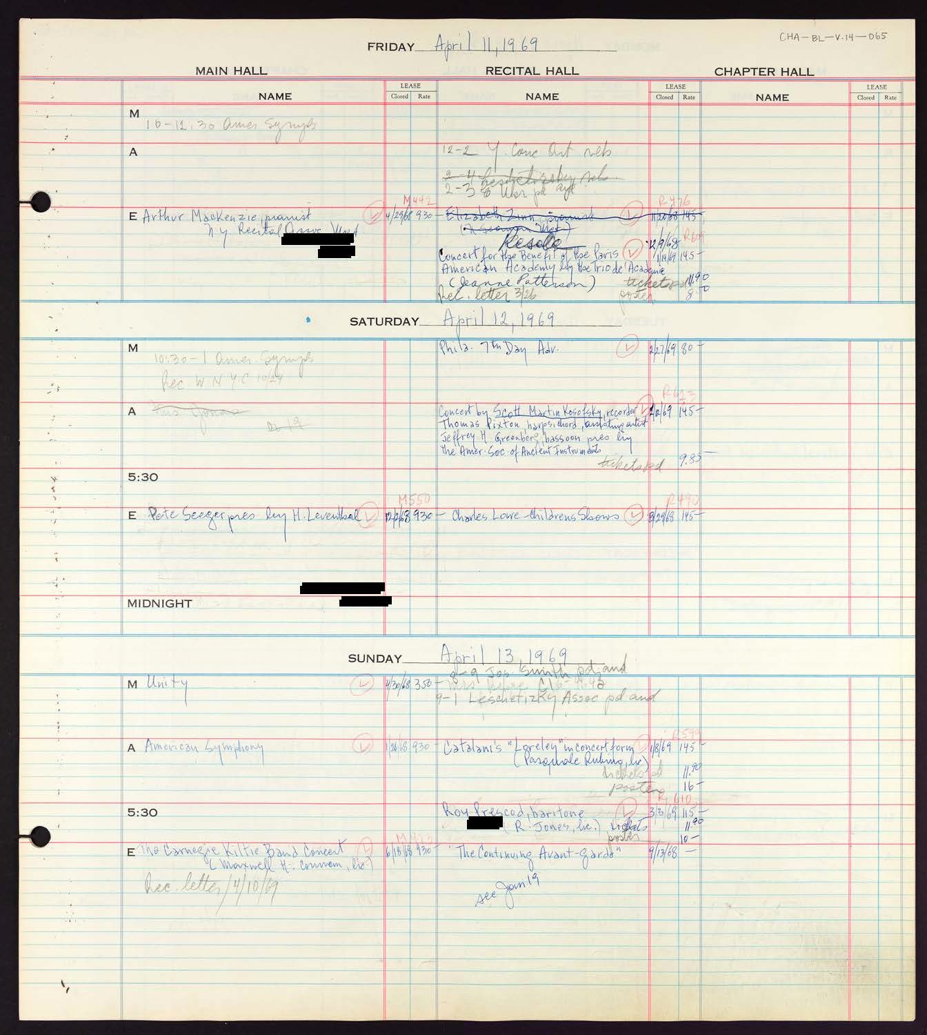 Carnegie Hall Booking Ledger, volume 14, page 65