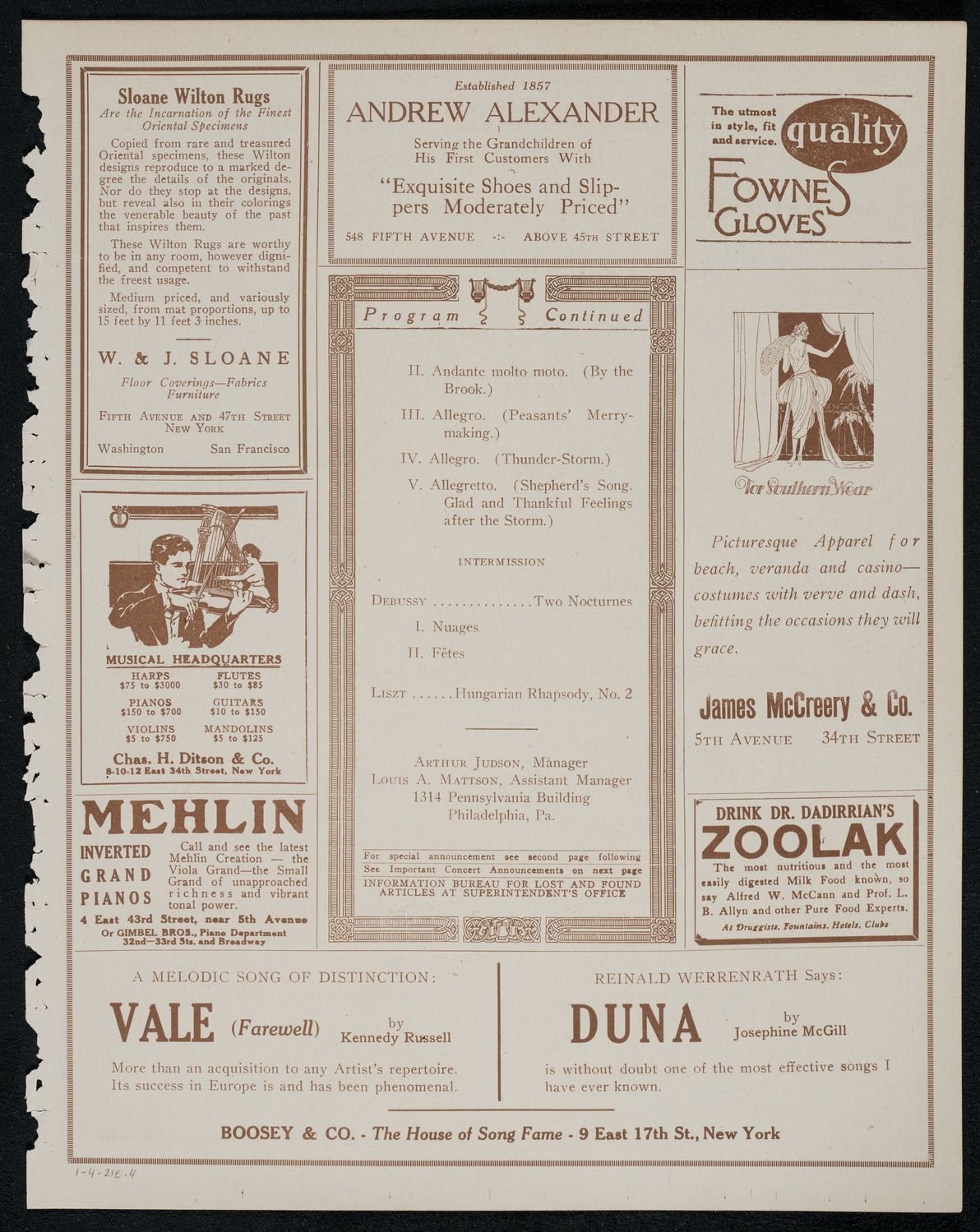 Philadelphia Orchestra, January 4, 1921, program page 7