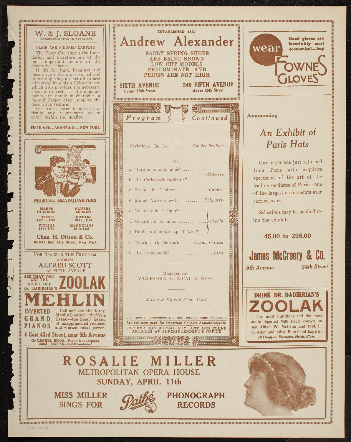 Benno Moiseiwitsch, Piano, March 21, 1920, program page 7