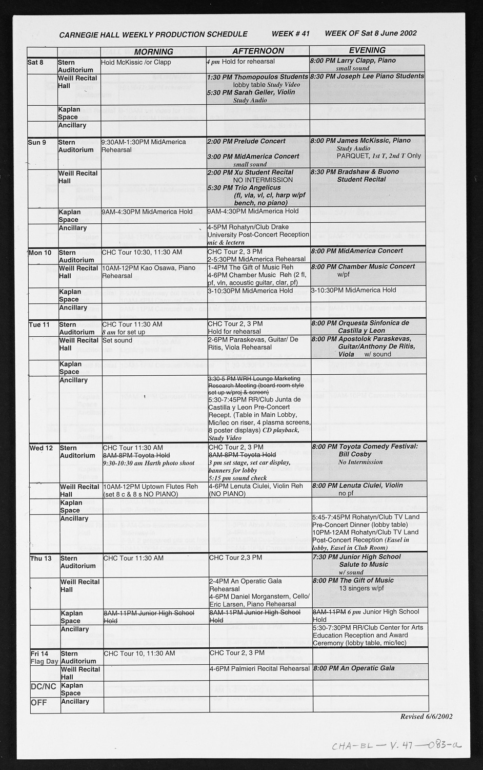 Carnegie Hall Booking Ledger, volume 47, page 83a