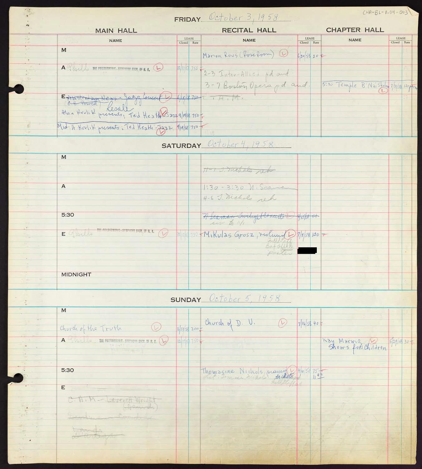 Carnegie Hall Booking Ledger, volume 4, page 3