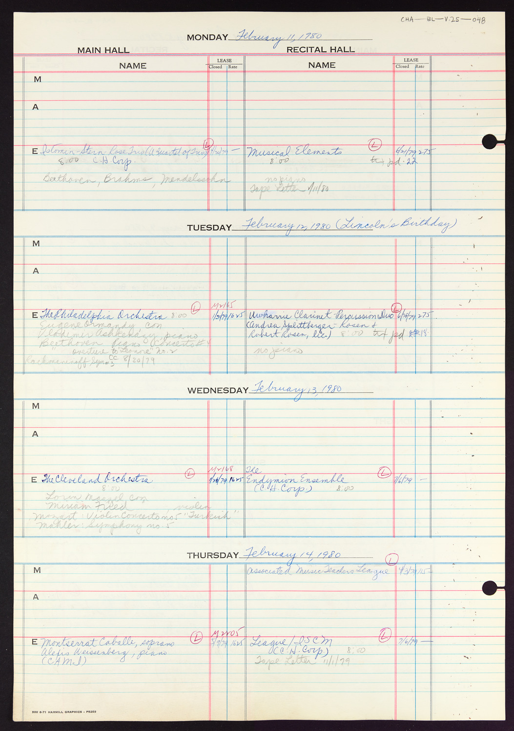 Carnegie Hall Booking Ledger, volume 25, page 48