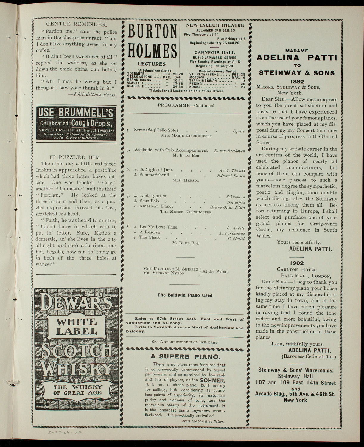 M.B. de Bor with others, February 23, 1904, program page 3