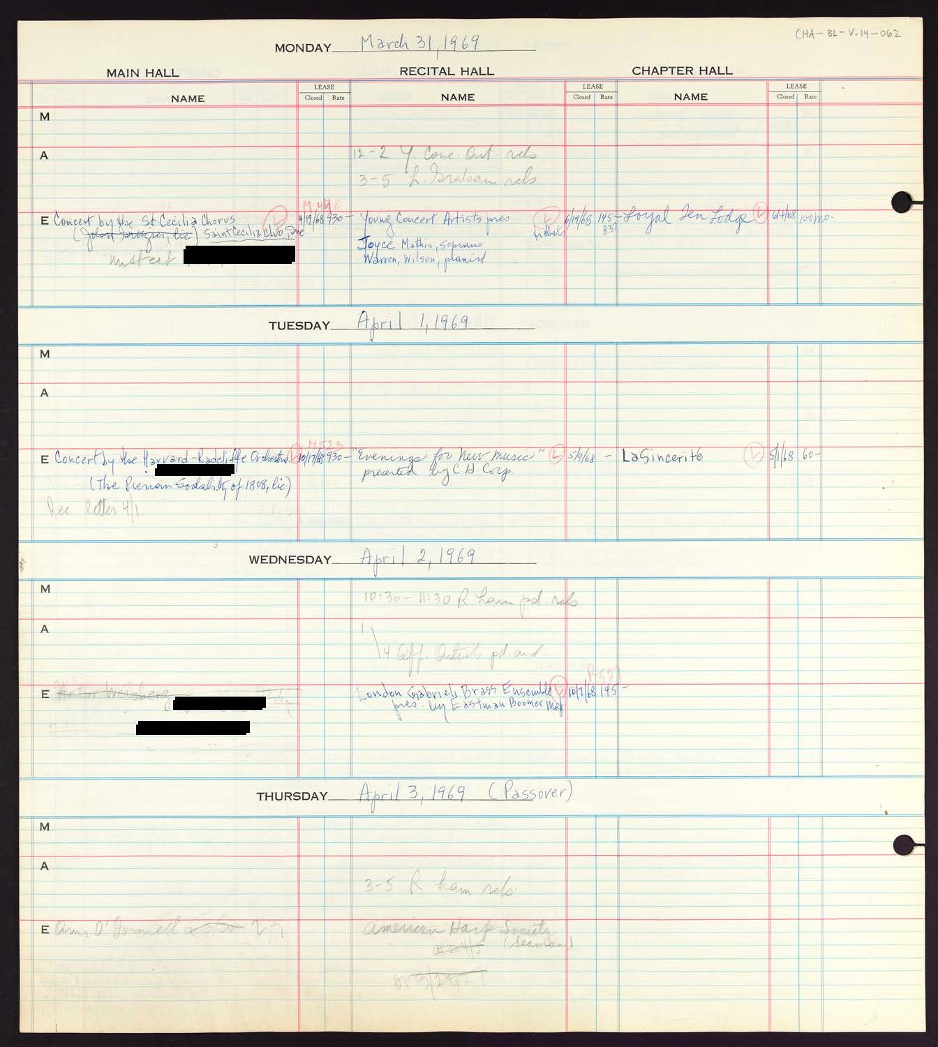 Carnegie Hall Booking Ledger, volume 14, page 62