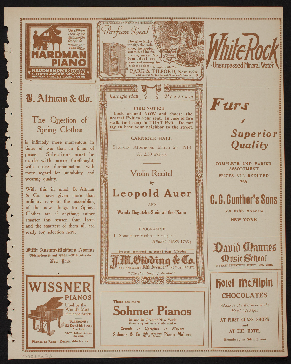 Leopold Auer, Violin, March 23, 1918, program page 5