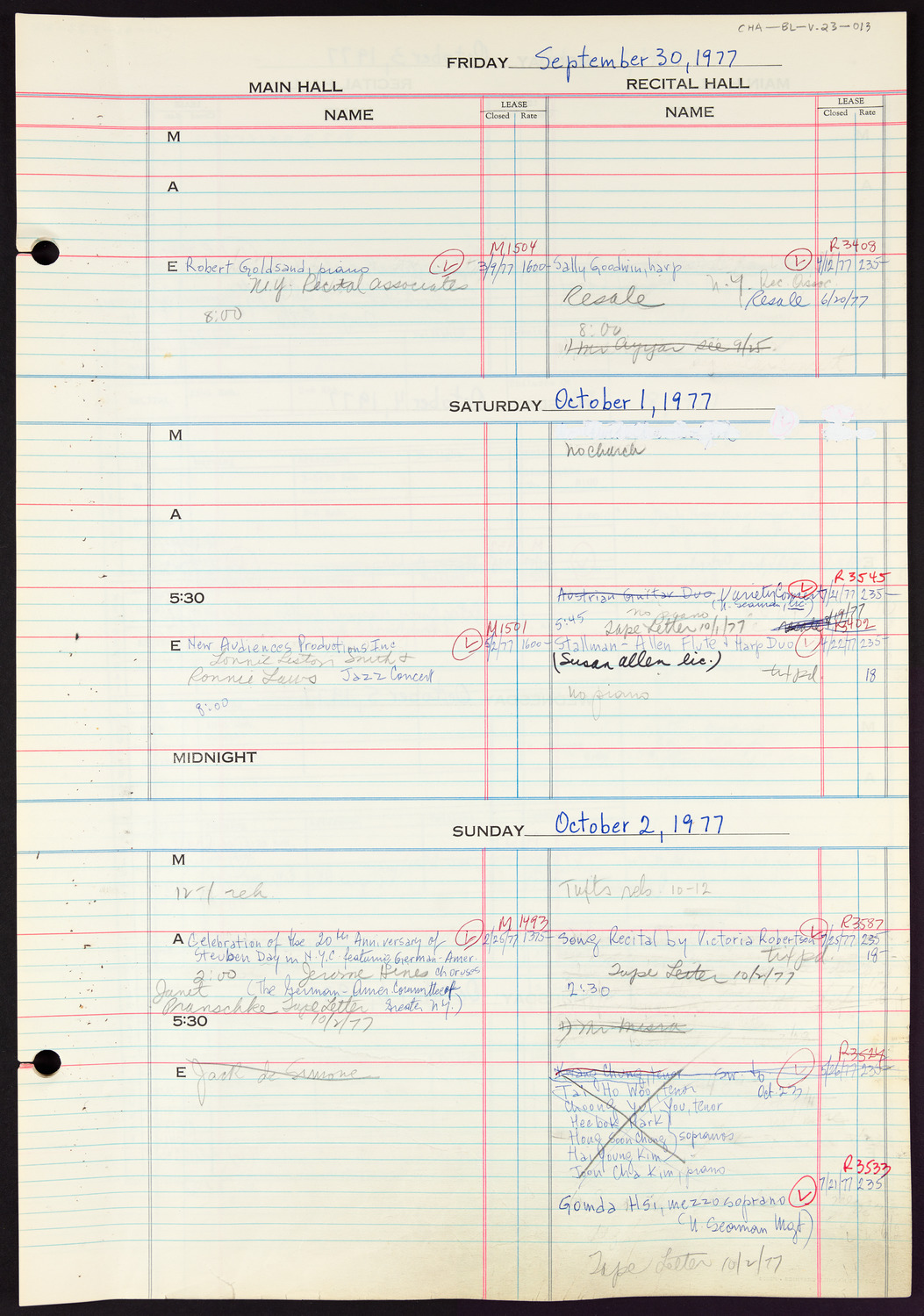 Carnegie Hall Booking Ledger, volume 23, page 13