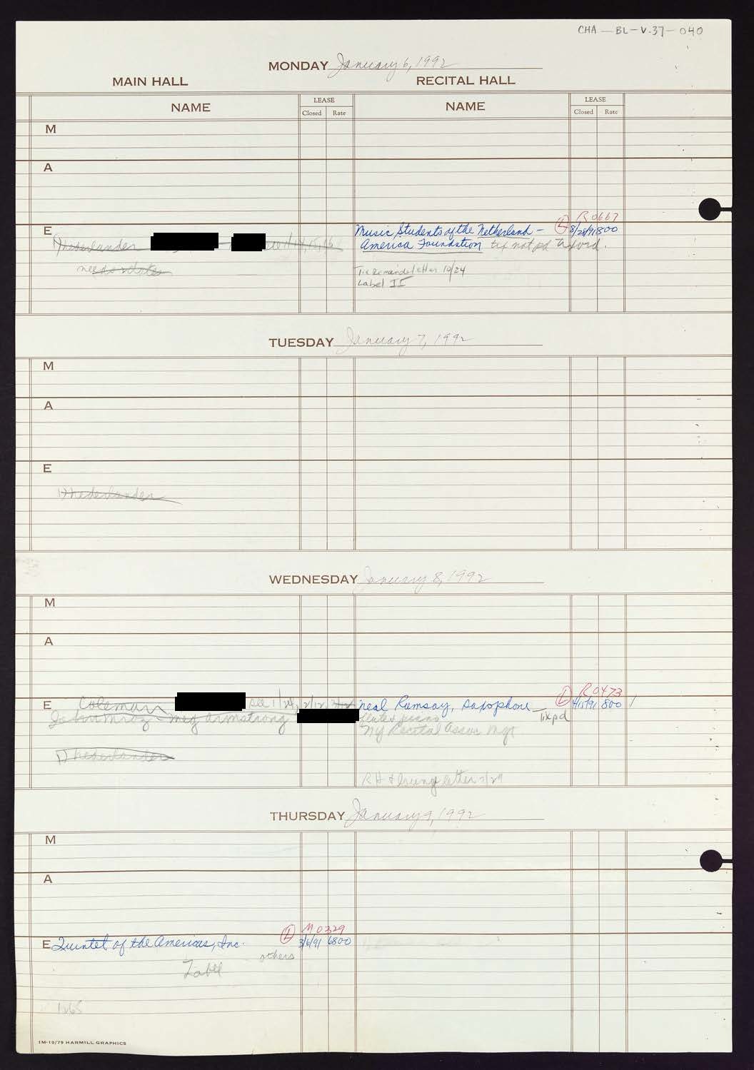 Carnegie Hall Booking Ledger, volume 37, page 40