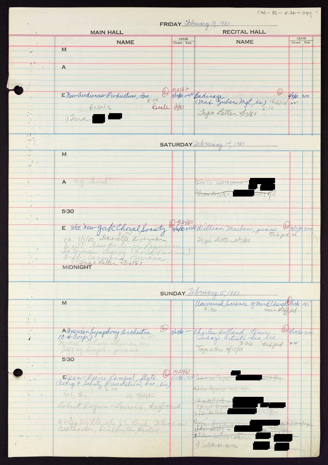 Carnegie Hall Booking Ledger, volume 26, page 49