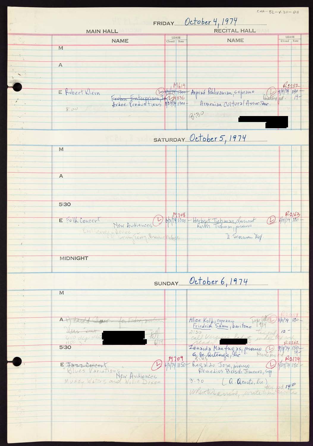 Carnegie Hall Booking Ledger, volume 20, page 11