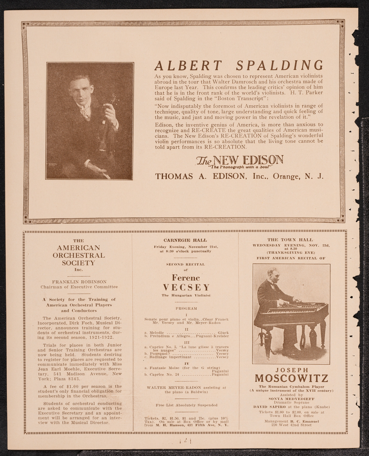 Paul Kochanski, Violin, November 12, 1921, program page 2