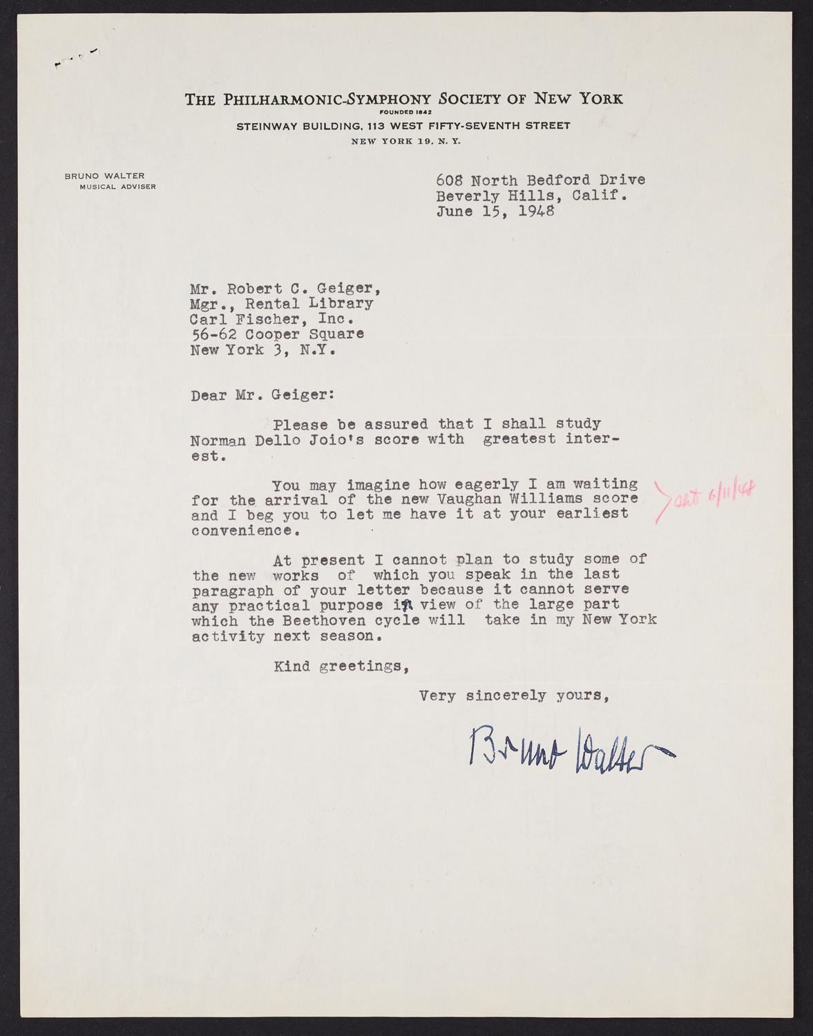 Correspondence from Bruno Walter to Robert Geiger, page 1 of 3