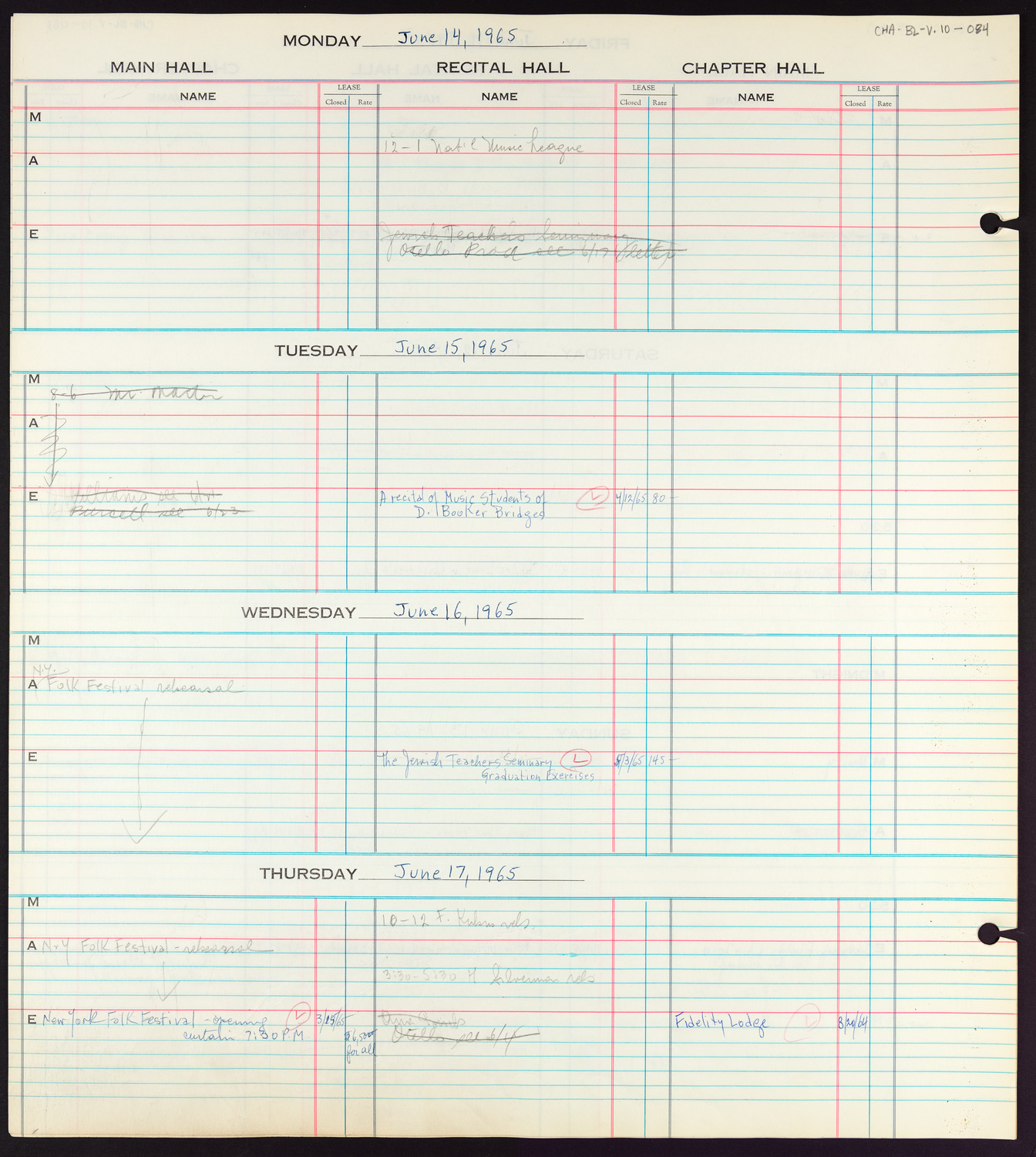 Carnegie Hall Booking Ledger, volume 10, page 84