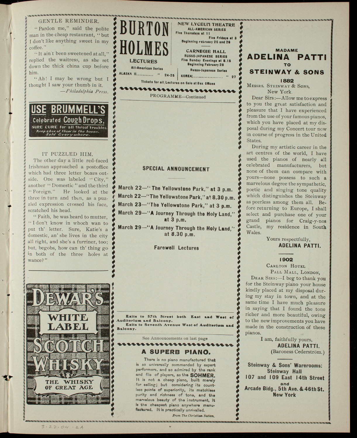 Elmendorf Lecture: Yellowstone Park, March 22, 1904, program page 3
