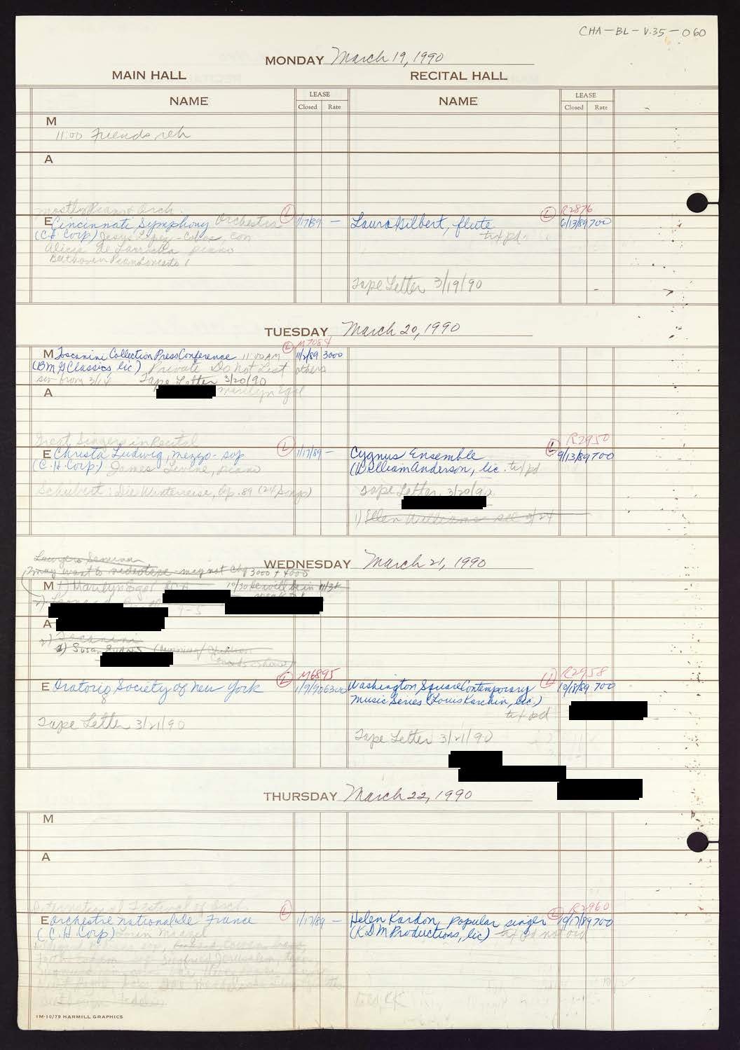 Carnegie Hall Booking Ledger, volume 35, page 60