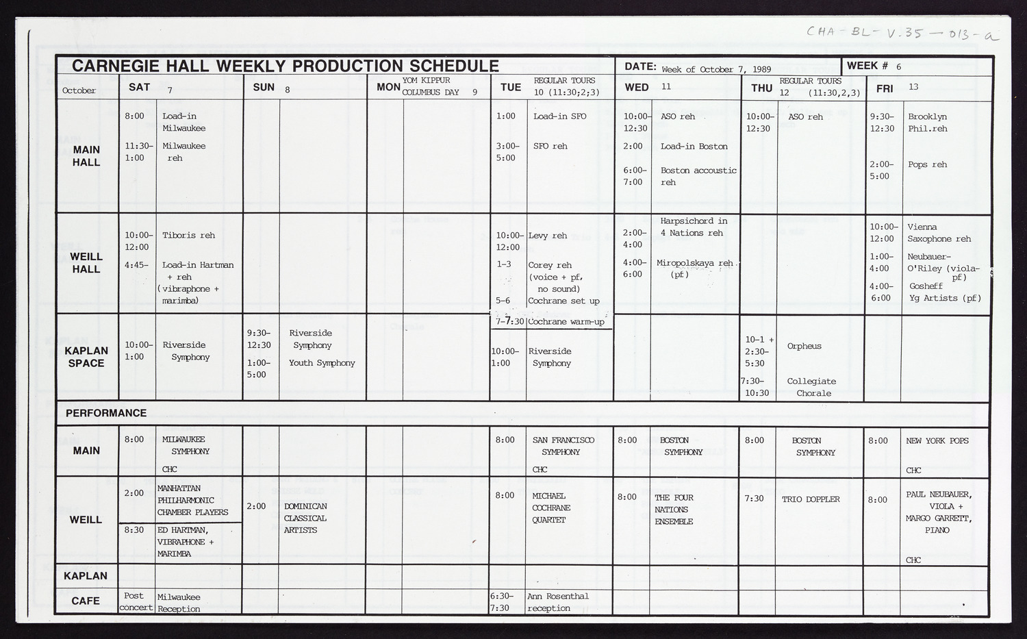 Carnegie Hall Booking Ledger, volume 35, page 13a