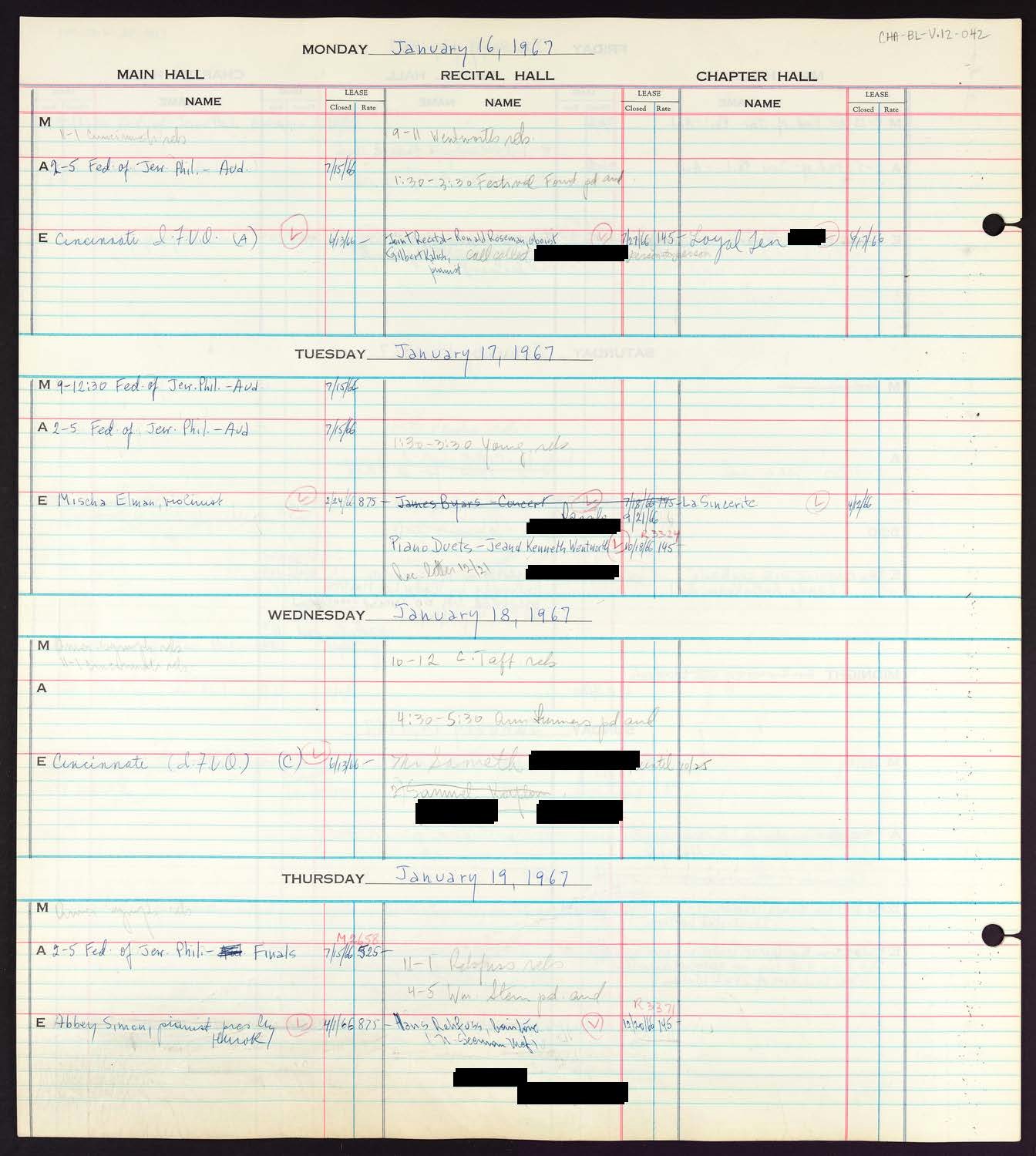 Carnegie Hall Booking Ledger, volume 12, page 42