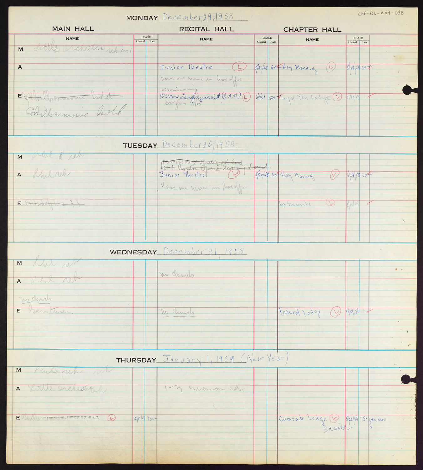 Carnegie Hall Booking Ledger, volume 4, page 28