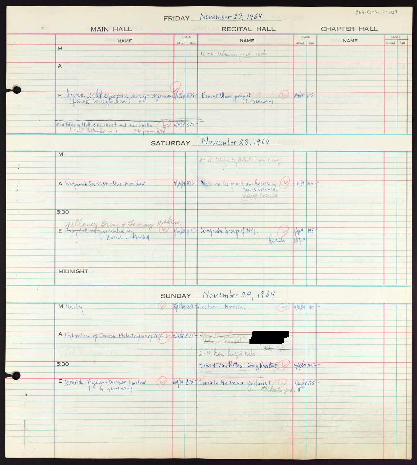 Carnegie Hall Booking Ledger, volume 10, page 27