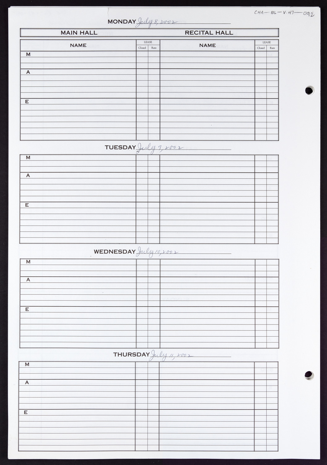 Carnegie Hall Booking Ledger, volume 47, page 92