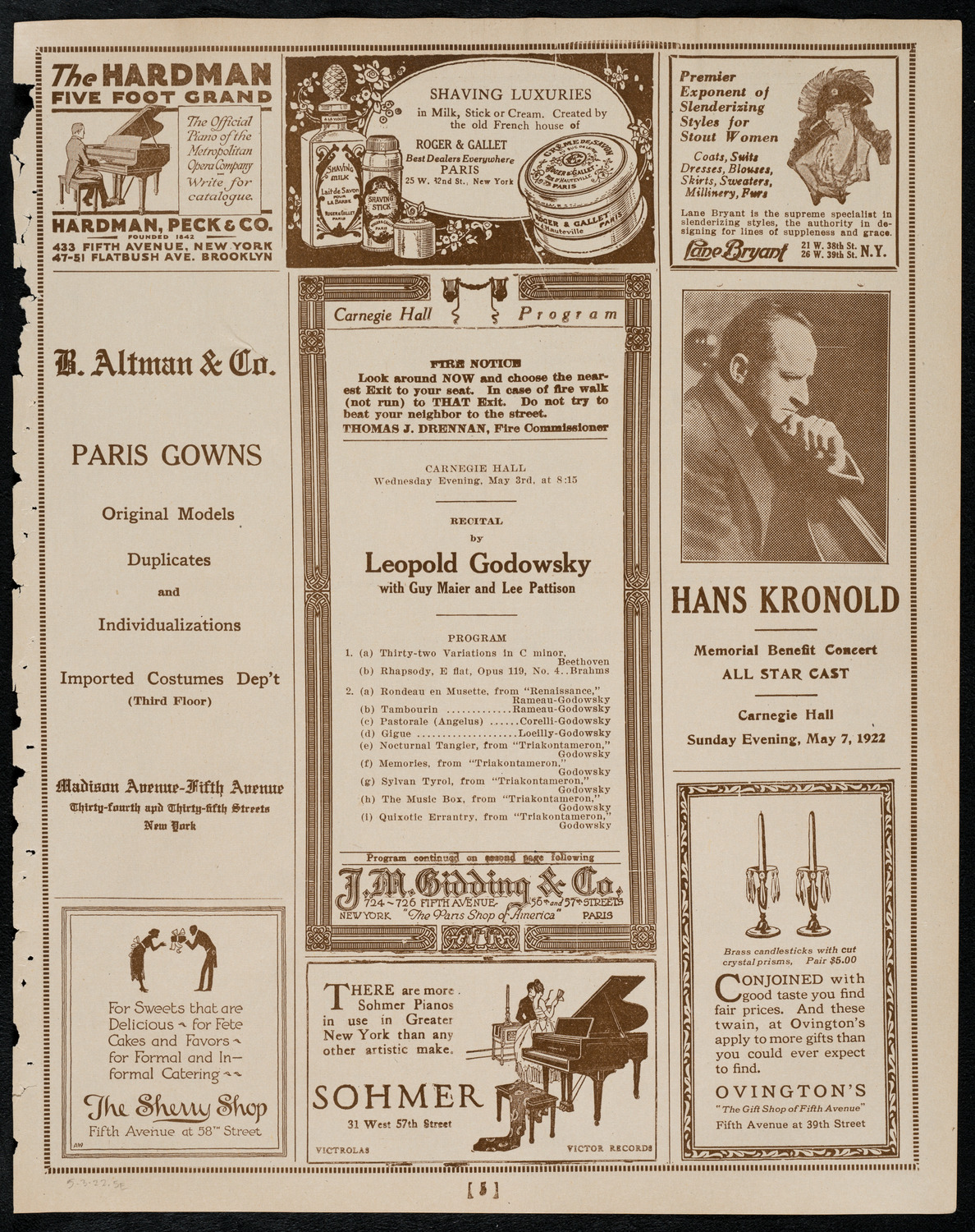 Leopold Godowsky, Piano, May 3, 1922, program page 5