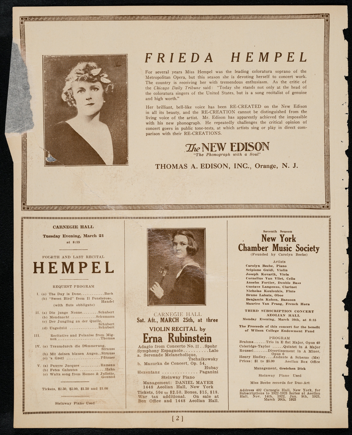 Boston Symphony Orchestra, March 18, 1922, program page 2