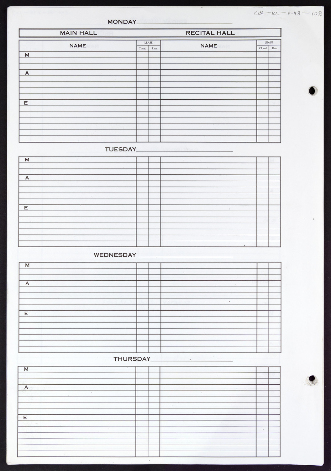 Carnegie Hall Booking Ledger, volume 48, page 108