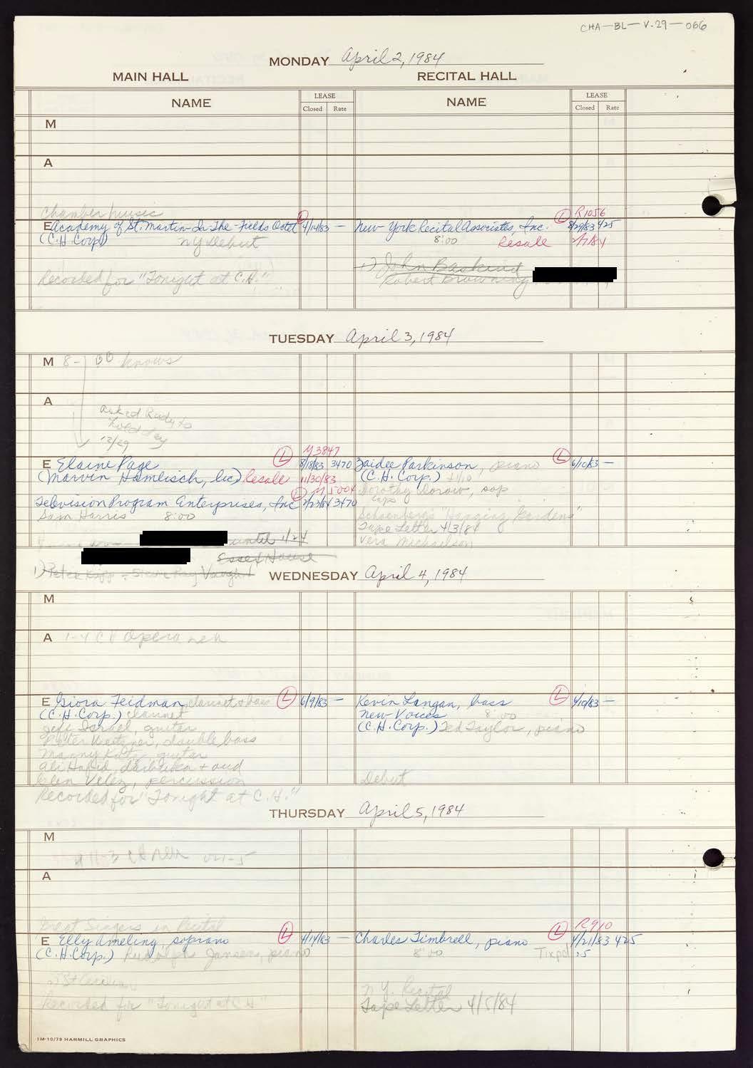 Carnegie Hall Booking Ledger, volume 29, page 66