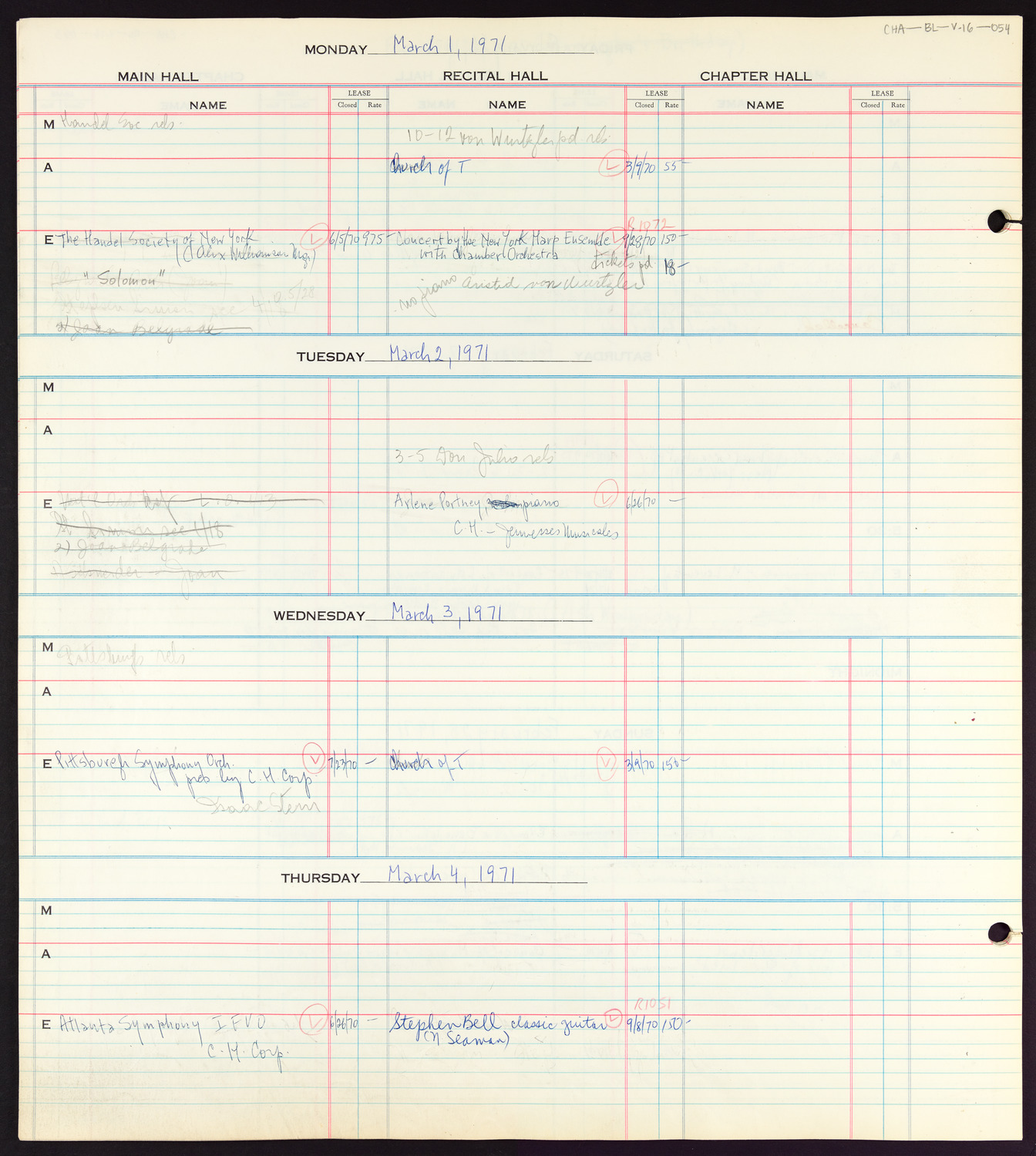 Carnegie Hall Booking Ledger, volume 16, page 54