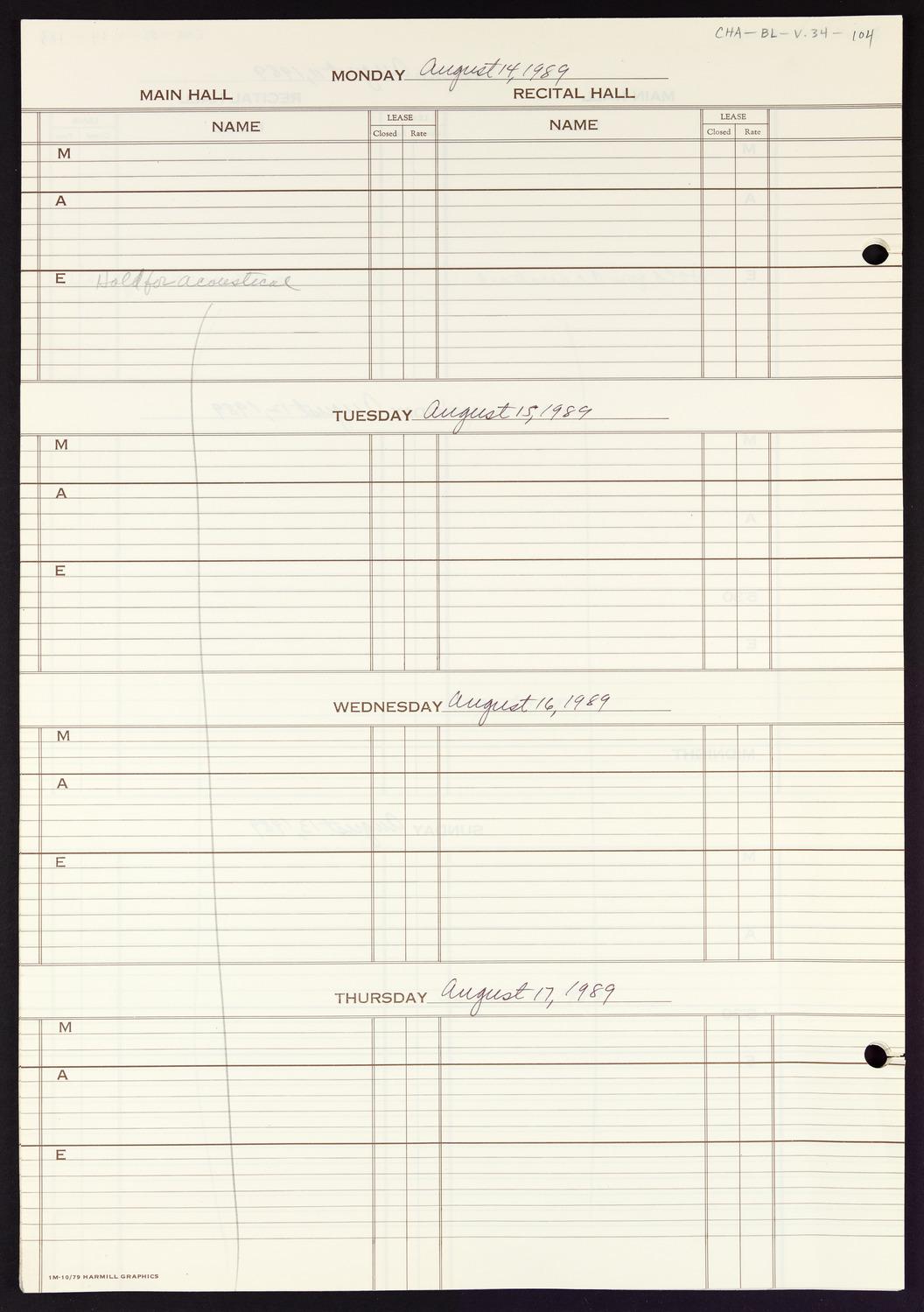 Carnegie Hall Booking Ledger, volume 34, page 104