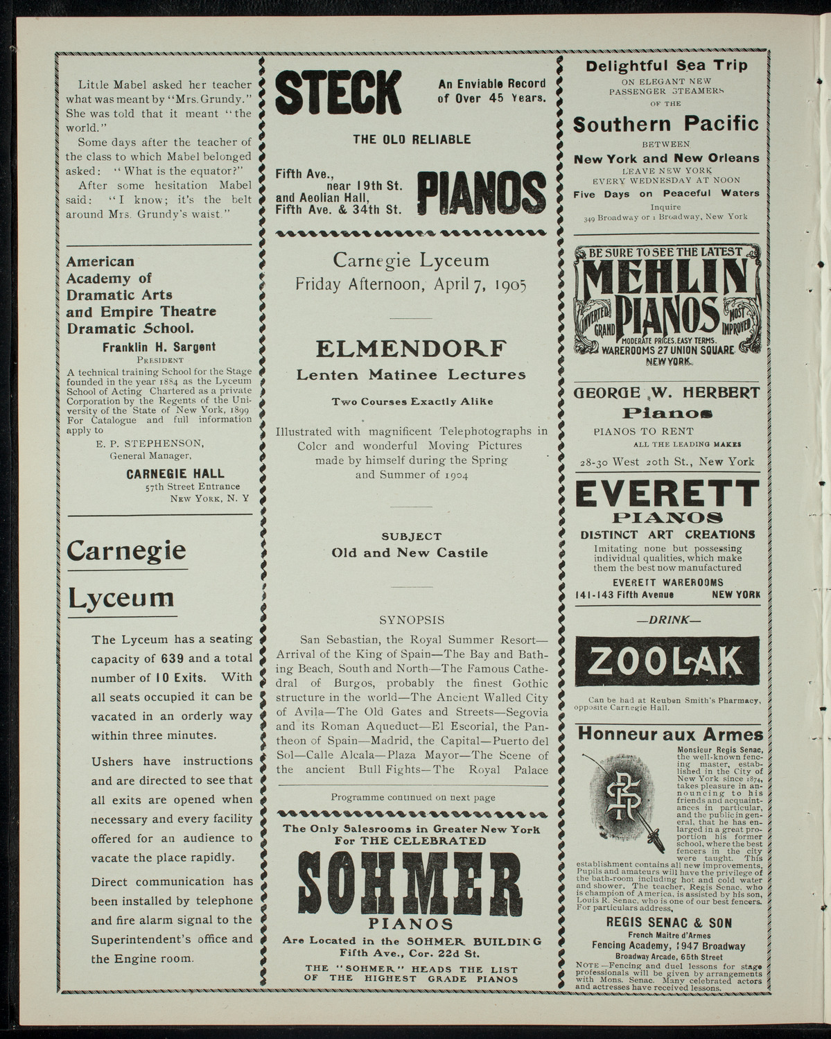 Elmendorf Lecture: Old and New Castile, April 7, 1905, program page 2