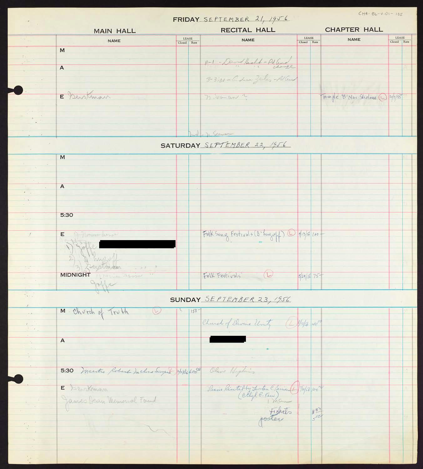 Carnegie Hall Booking Ledger, volume 1, page 105