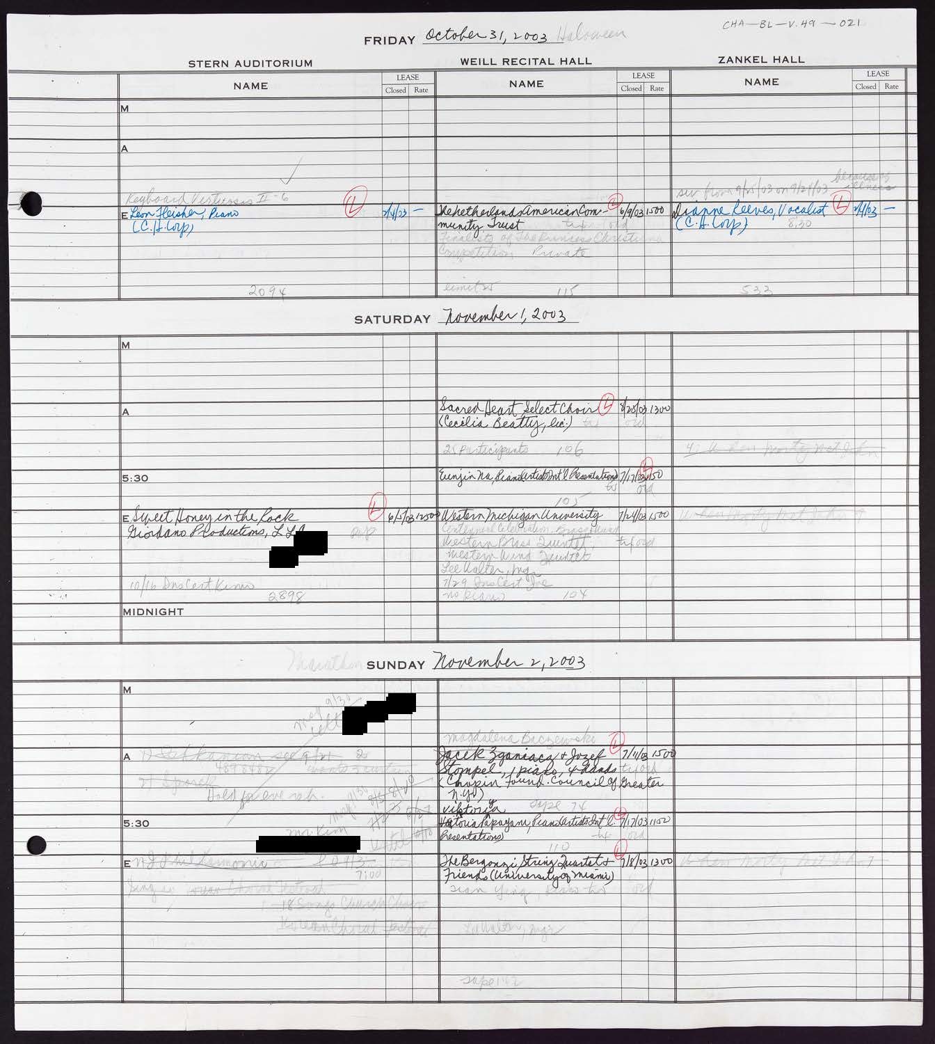 Carnegie Hall Booking Ledger, volume 49, page 21