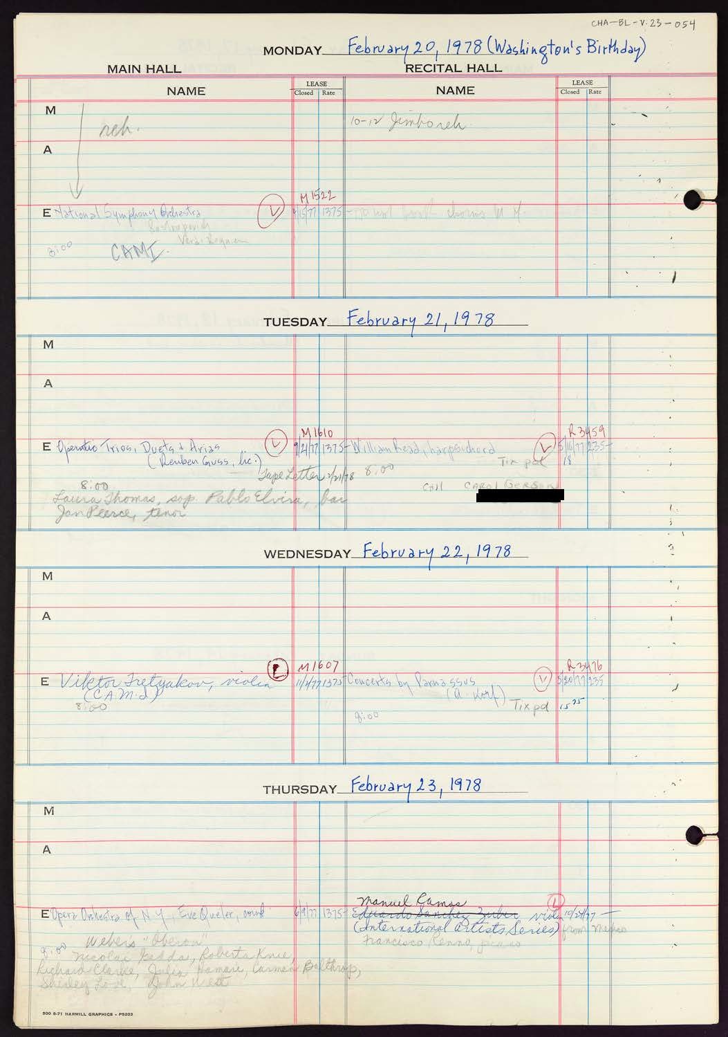 Carnegie Hall Booking Ledger, volume 23, page 54