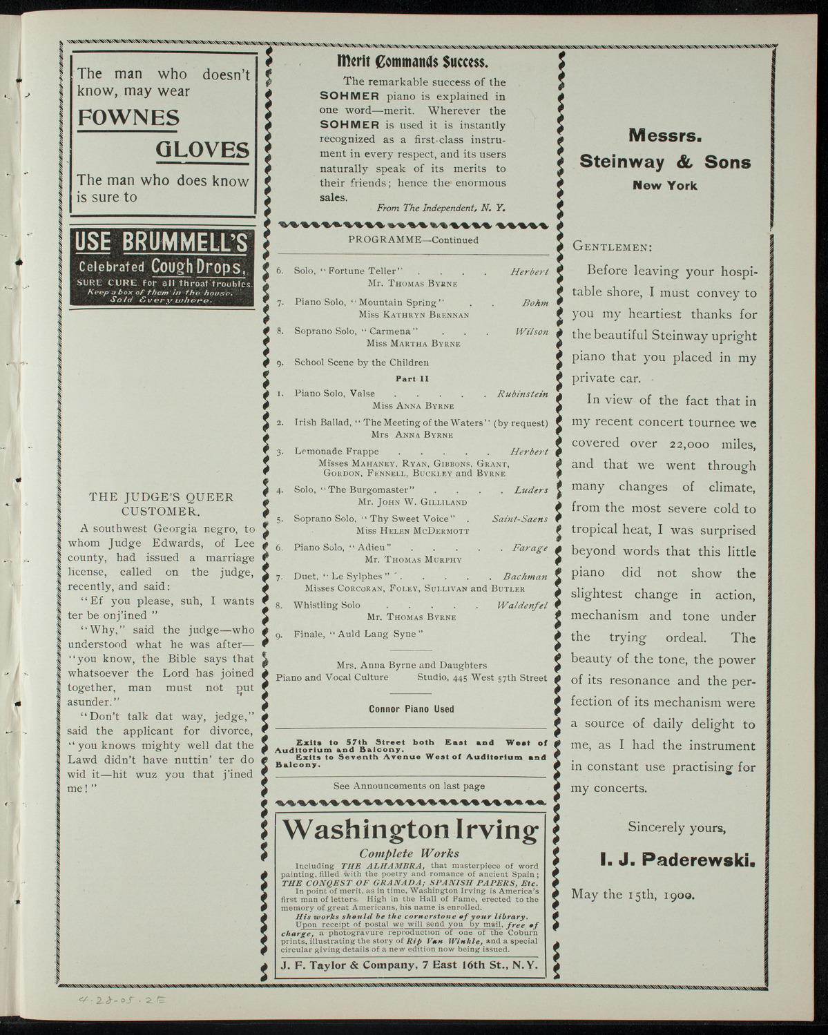 Anna Byrne and Daughters, April 28, 1905, program page 3