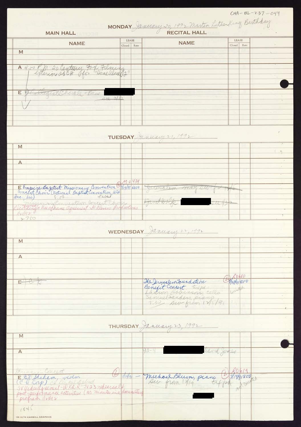 Carnegie Hall Booking Ledger, volume 37, page 44