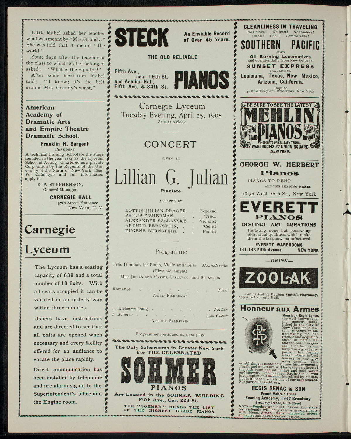 Lillian G. Julian with Others, April 25, 1905, program page 2