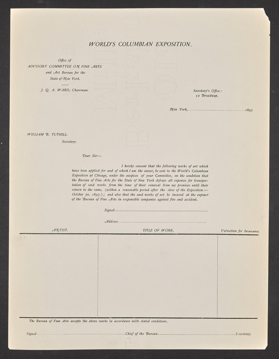 Letter from the Art Bureau of New York for the World's Columbian Exposition, 1893 (front)