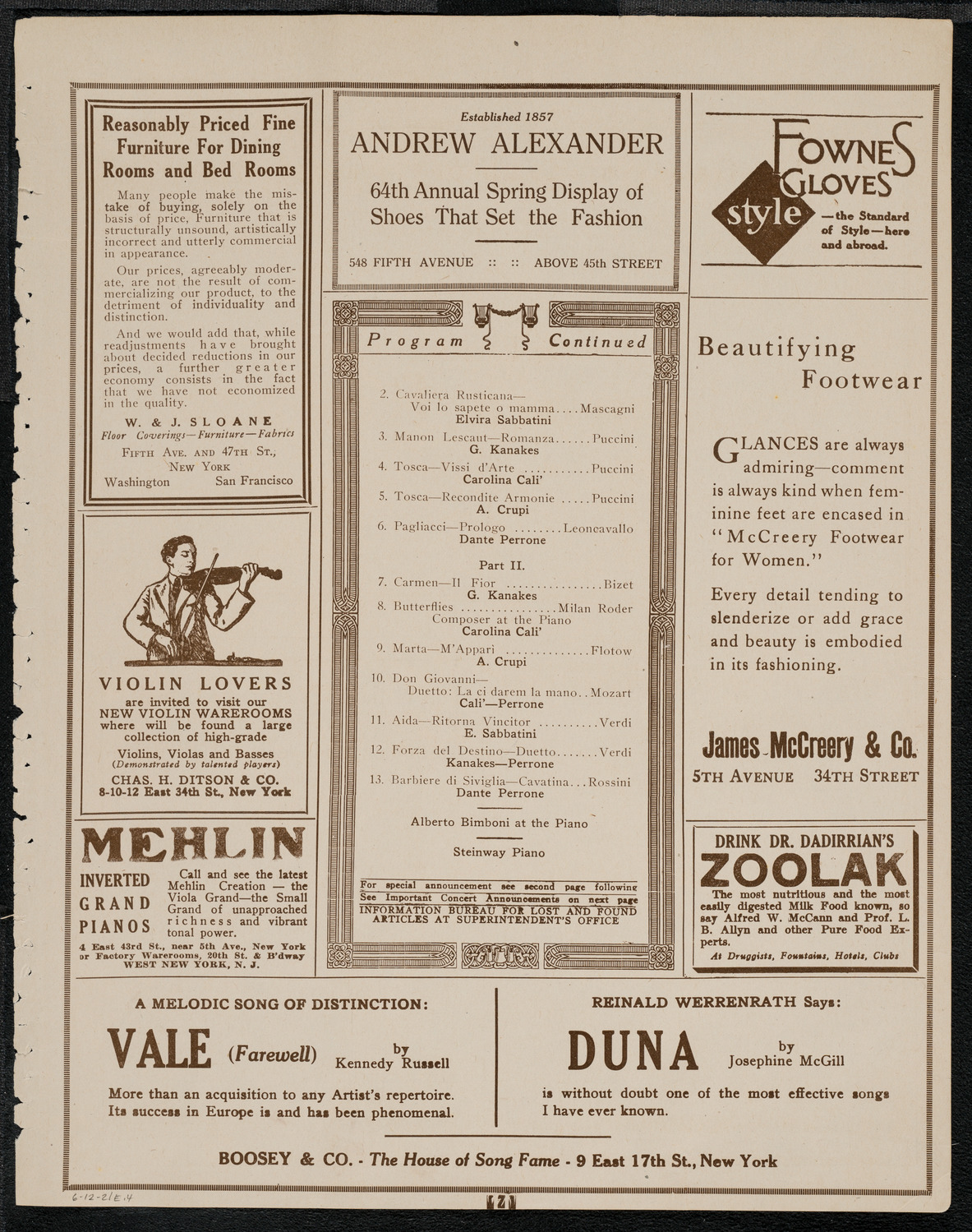 Dante Perrone and Elvira Sabbatini, June 12, 1921, program page 7