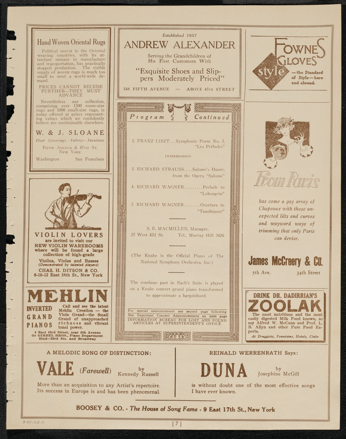 National Symphony Orchestra, March 25, 1921, program page 7