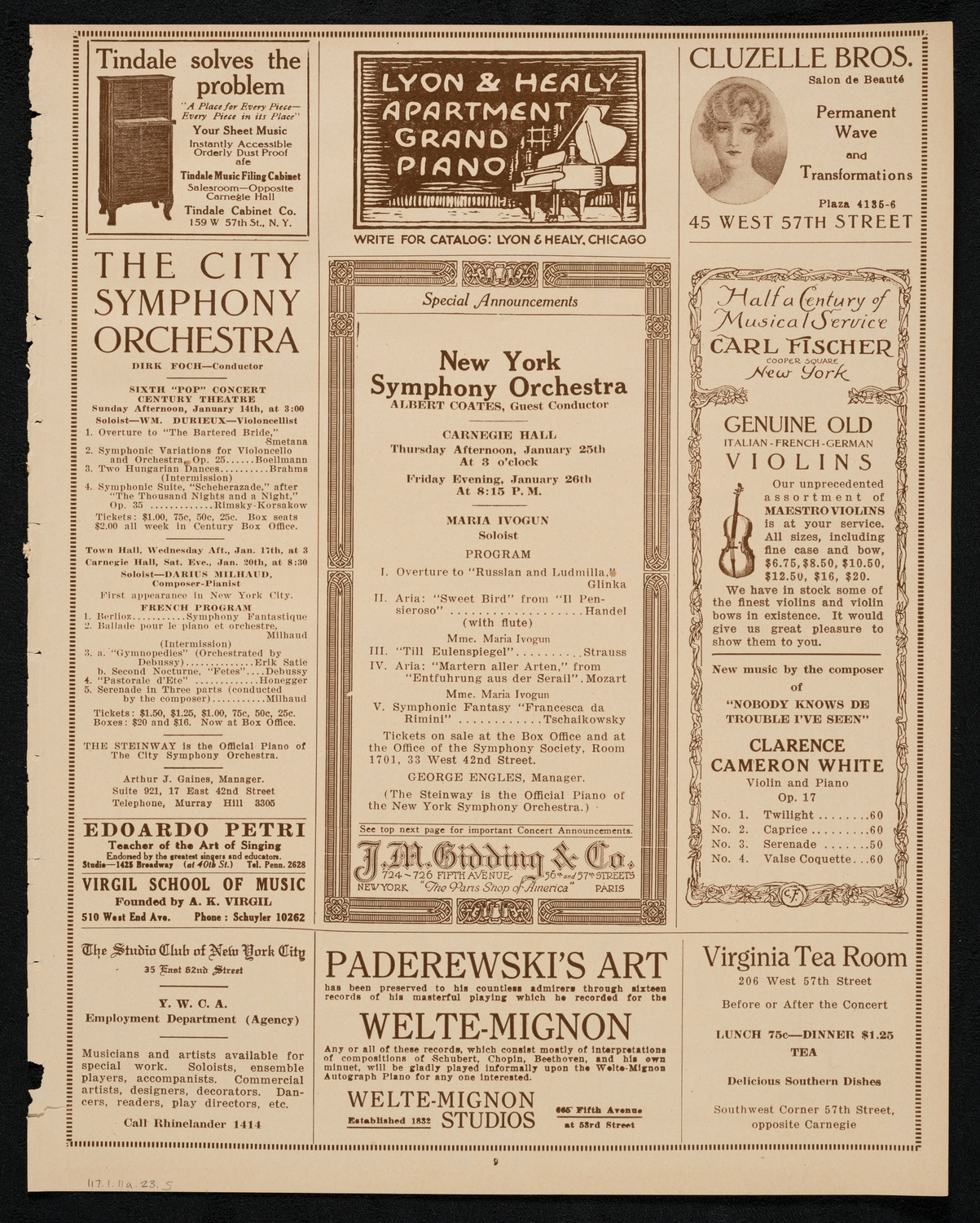 New York Symphony Orchestra, January 11, 1923, program page 9